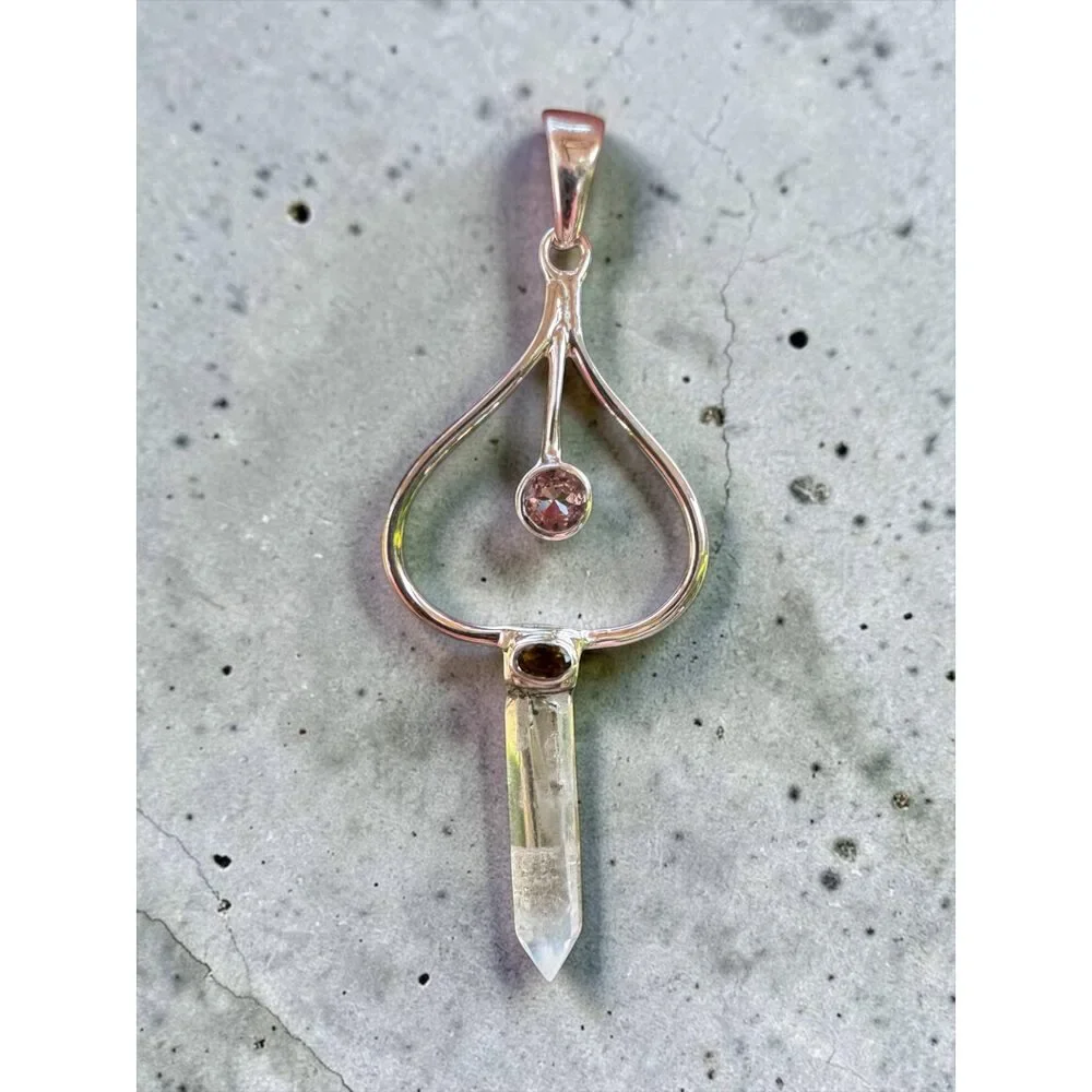 Pink & Green Tourmaline with Quartz point Solid 925 Sterling Silver Pendant